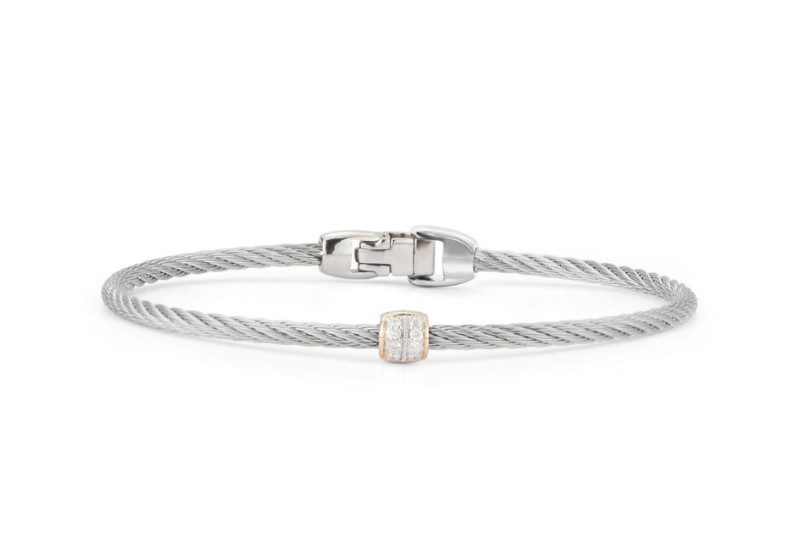 18Kt Yellow Gold Grey Nautical Cable Barrel Station Bracelet With (8) Round Diamonds Weighing 0.07cttw