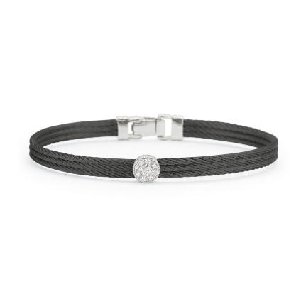 18Kt White Gold Black Nautical Cable Three Row Single Circle Station Bracelet With (9) Round Diamonds Weighing 0.05cttw