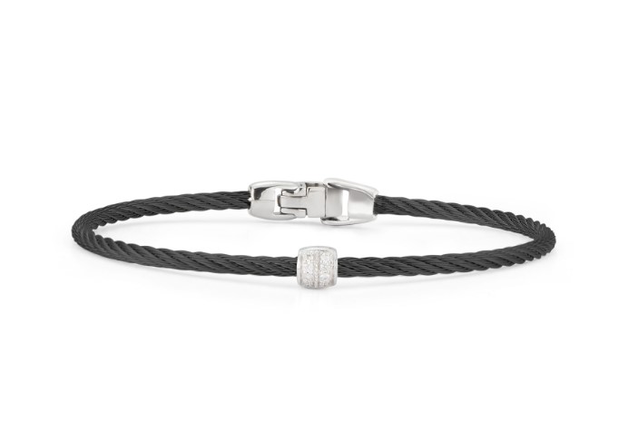 18Kt White Gold Black Nautical Cable Single Barrel Station Bracelet With (8) Round Diamonds Weighing 0.07cttw