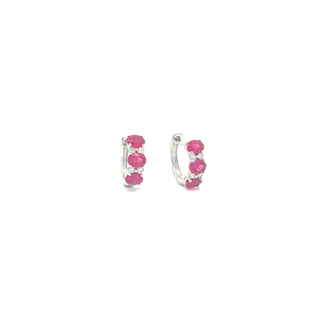 14Kt White Gold Huggie Hoops With (6) Oval Rubies Weighing 1.24ct And (8) Round Diamonds Weighing 0.11ct