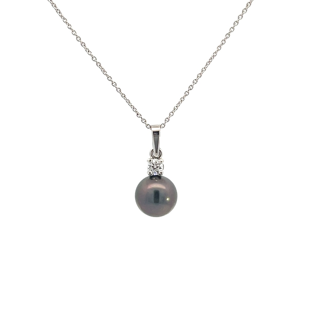 18Kt White Gold Necklace With A 9-10mm Tahitian Pearl And A Round Diamond Weighing 0.17cttw