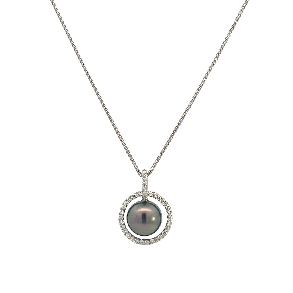 14Kt White Gold Necklace With A 8.5-9mm Tahitian Pearl And (38) Round Diamonds Weighing 0.25cttw