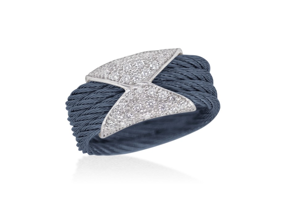 18Kt White Gold Blueberry Nautical Cable Hourglass Band With (32) Round Diamonds Weighing 0.16cttw