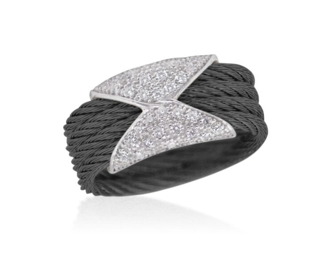 [02-52-2074-11] 18Kt White Gold Black Nautical Cable Hourglass Band With (32) Round Diamonds Weighing 0.16cttw