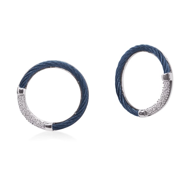 [03-28-0610-11] 18Kt White Gold Blueberry Nautical Cable Circle Earrings With (12) Round Diamonds Weighing 0.06cttw