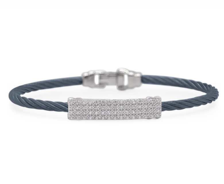 18Kt White Gold Blueberry Nautical Cable Bar Bracelet With (60) Round Diamonds Weighing 0.30cttw