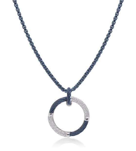 14Kt White Gold Blueberry Nautical Cable Circle Pendant Necklace With (32) Round Diamonds Weighing 0.16cttw