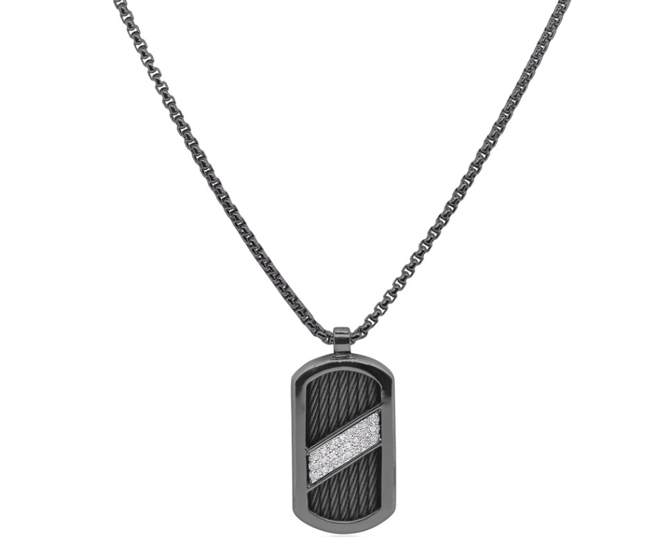 [08-52-1276-11] 18Kt White Gold Black Nautical Cable Necklace With (24) Round Diamonds Weighing 0.12cttw