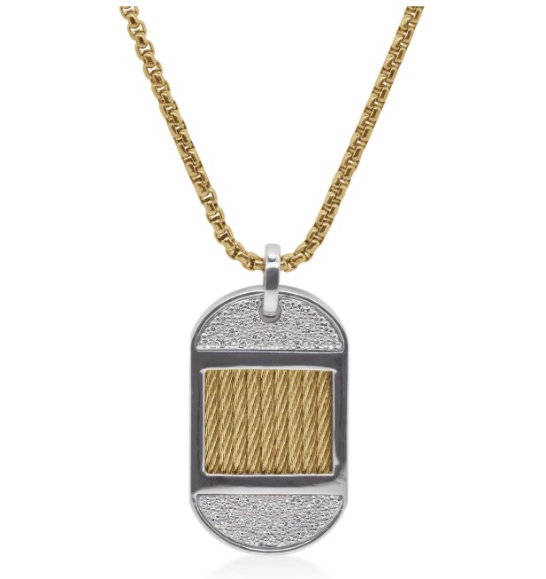 14Kt White Gold Yellow Nautical Cable ID Tag Necklace With Round Diamonds Weighing 0.25cttw