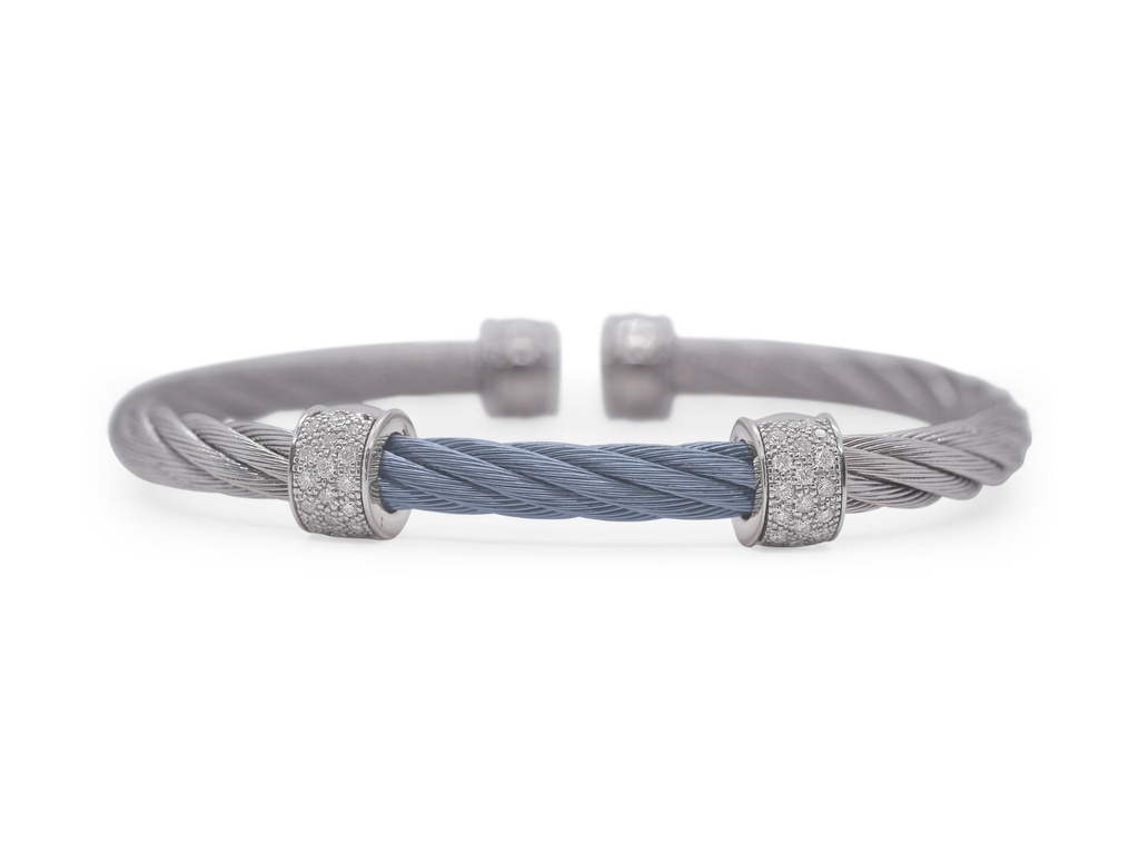 [04-69-3923-11] 18Kt White Gold Grey And Island Blue Nautical Cable Double Barrel Cuff Bracelet 0.27cttw