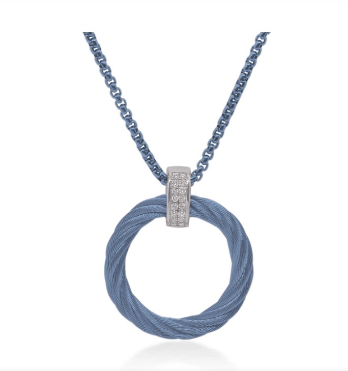 14Kt White Gold Island Blue Nautical Cable Circle Necklace With (16) Round Diamonds Weighing 0.09cttw