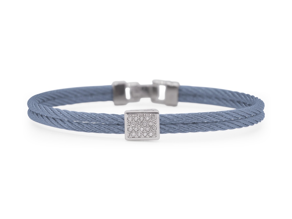 [04-64-9214-11] 18Kt White Gold Island Blue Nautical Cable Square Station Bracelet 0.15cttw
