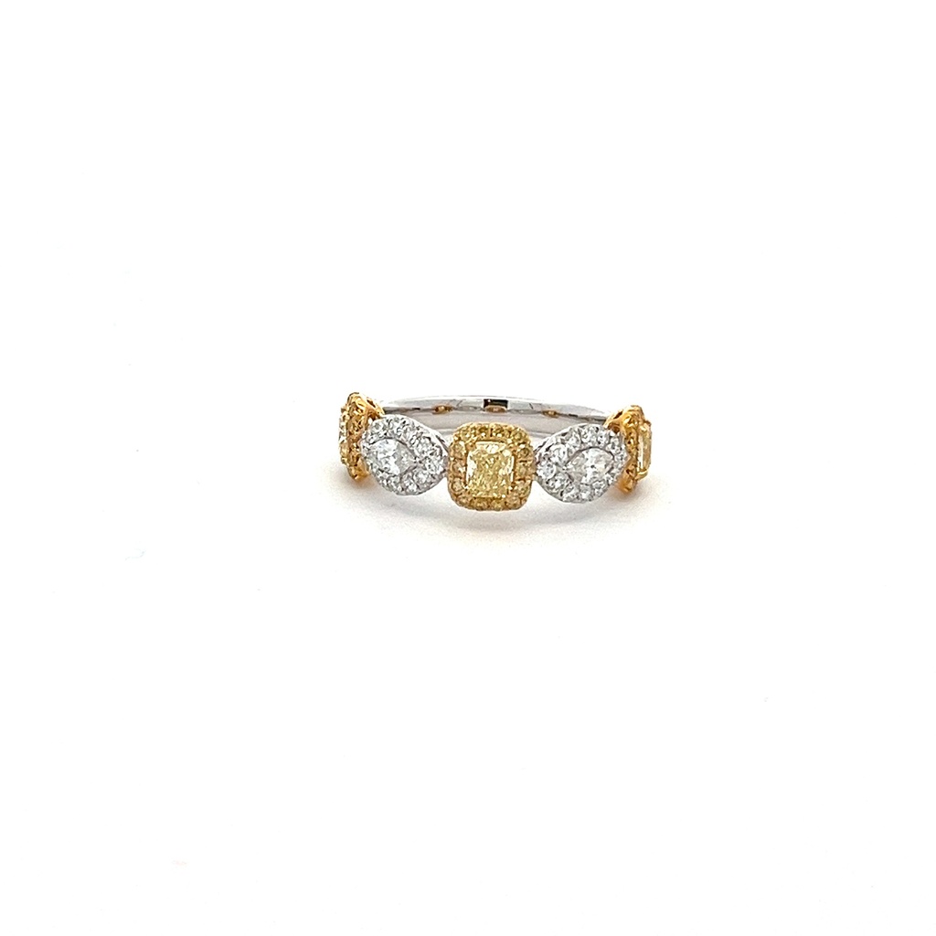 18Kt Two Toned Ring With (3) Yellow Cushion Cut Diamonds Weighing 0.74ct, (2) Marquise Diamonds Weighing 0.22ct, And (66) Round Diamonds Weighing 0.52ct