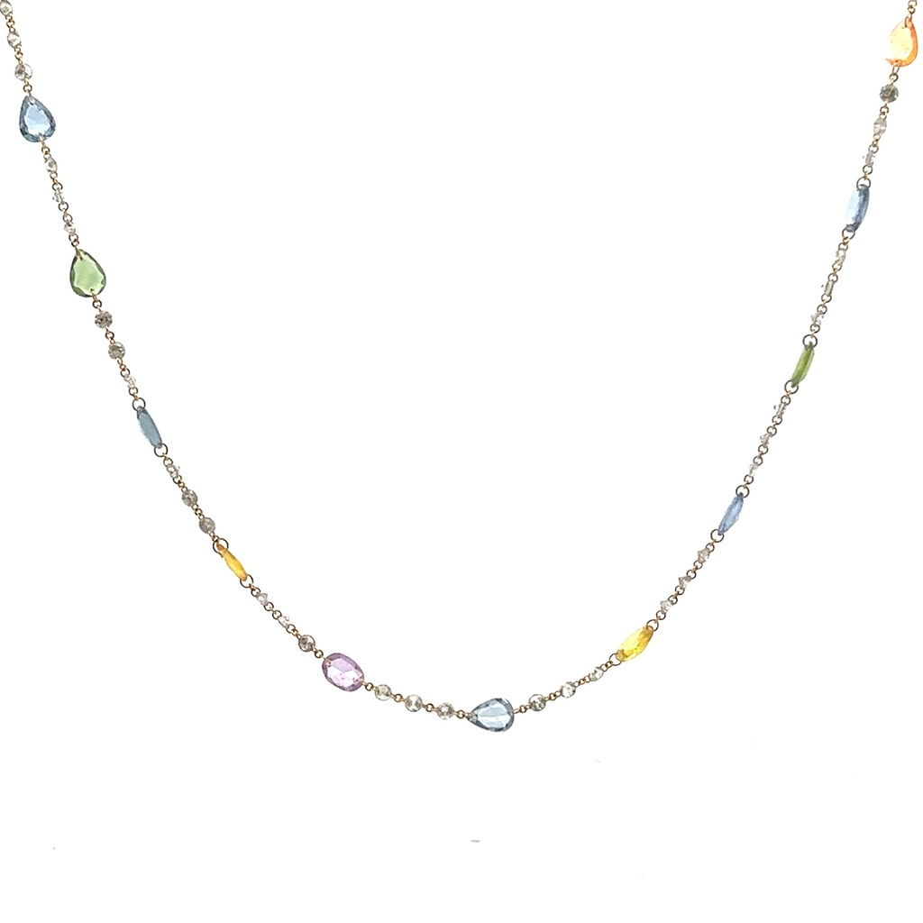 18Kt Yellow Gold Diamond By The Inch Necklace With (66) Round Diamonds Weighing 4.64ct And (21) Mixed Shape Rainbow Sapphires Weighing 13.29ct