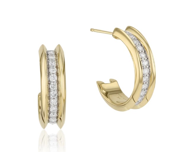 14Kt Yellow Gold Knife Edge Hoops With (26) Round Diamonds Weighing 0.54cttw