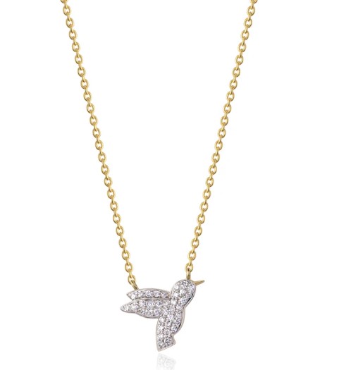 14Kt Yellow Gold Hummingbird Necklace With (36) Round Diamonds Weighing 0.16cttw