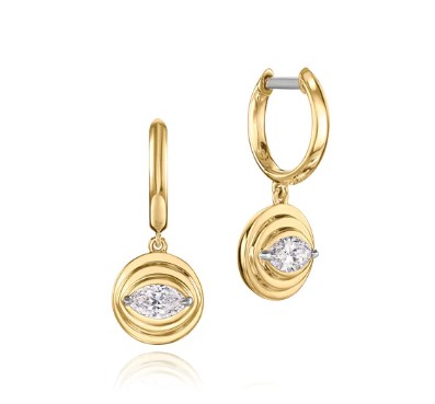 18Kt Yellow Gold And Platinum Evil Eye Huggie Drops With (2) Marquise Diamonds Weighing 0.60cttw