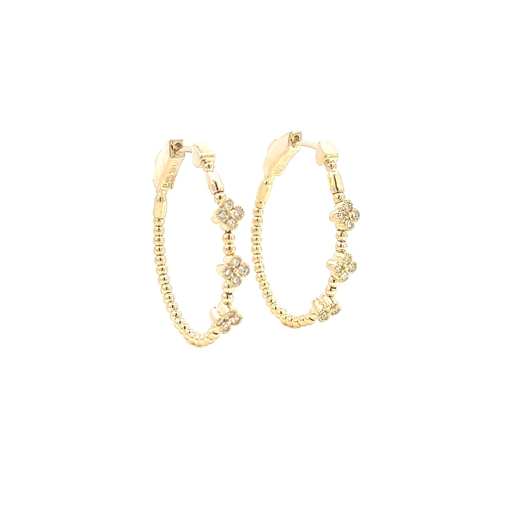 14Kt Yellow Gold Clover Cluster Hoops With (24) Round Diamonds Weighing 0.27cttw