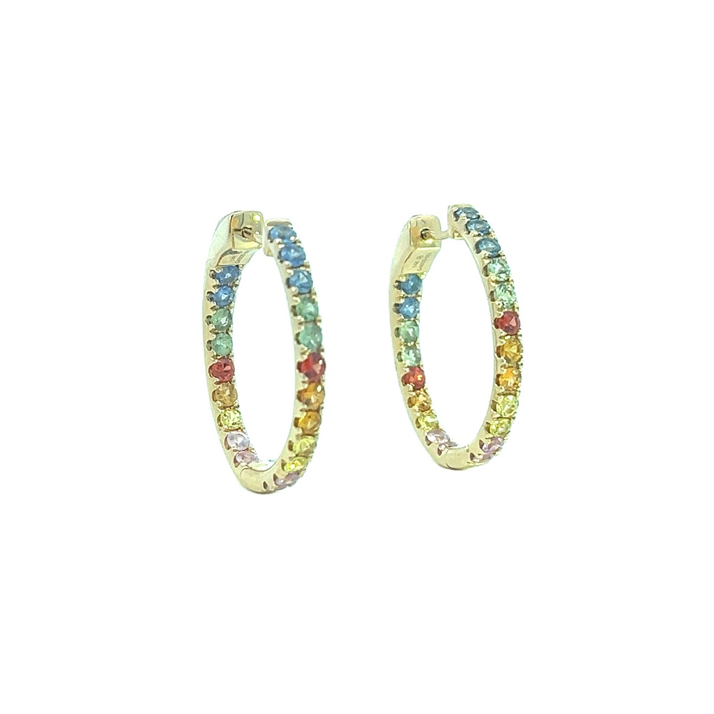 14Kt Yellow Gold In/Out Hoops With (42) Rainbow Sapphires Weighing 3.27cttw