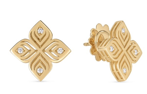 18Kt Yellow Gold Arabesque Stud Earrings With (8) Round Diamonds Weighing 0.06cttw