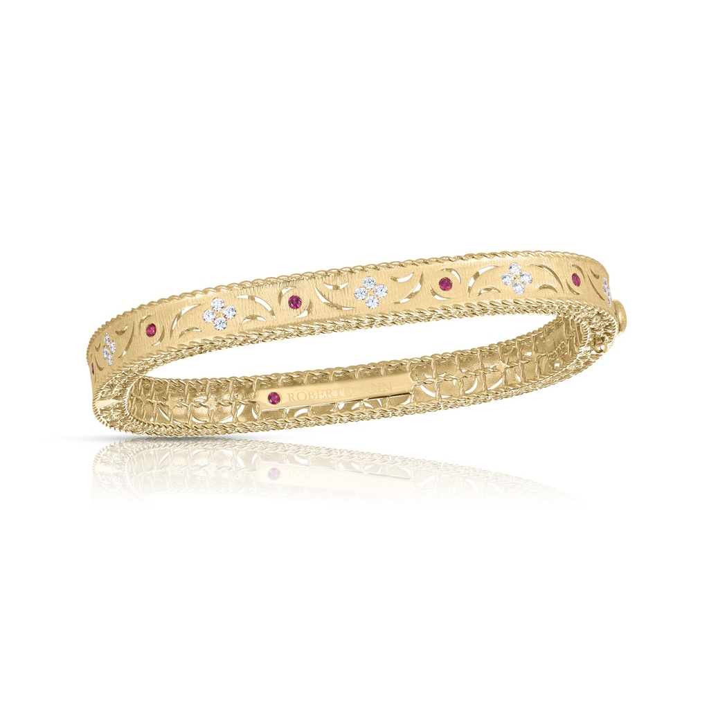 18Kt Yellow Gold Princess Bangle With Rubies Weighing 0.10ct And Diamonds Weighing 0.25ct