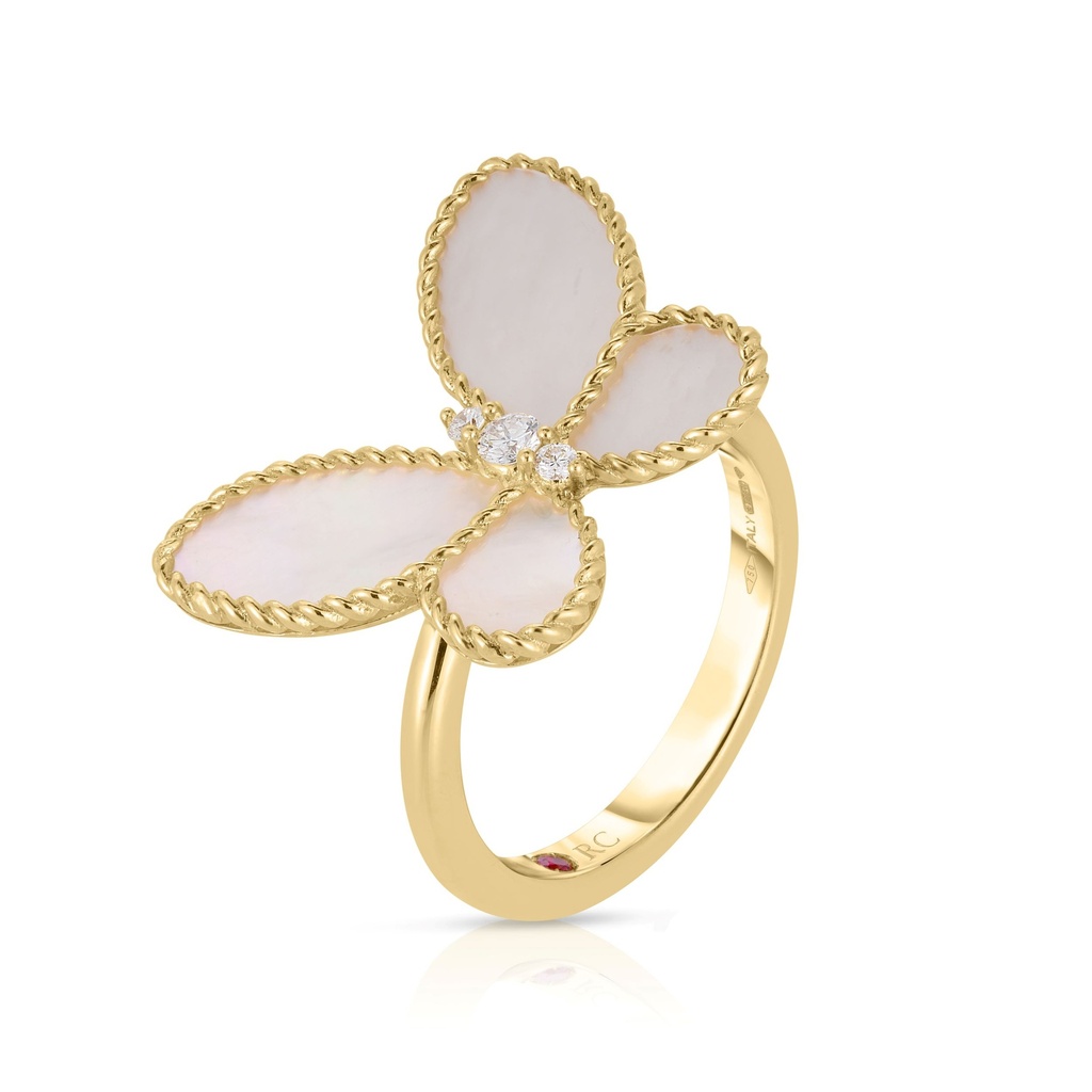 [7773720AJ65M] 18Kt Yellow Gold Butterfly Mother Of Pearl Ring With (3) Round Diamonds Weighing 0.07ct