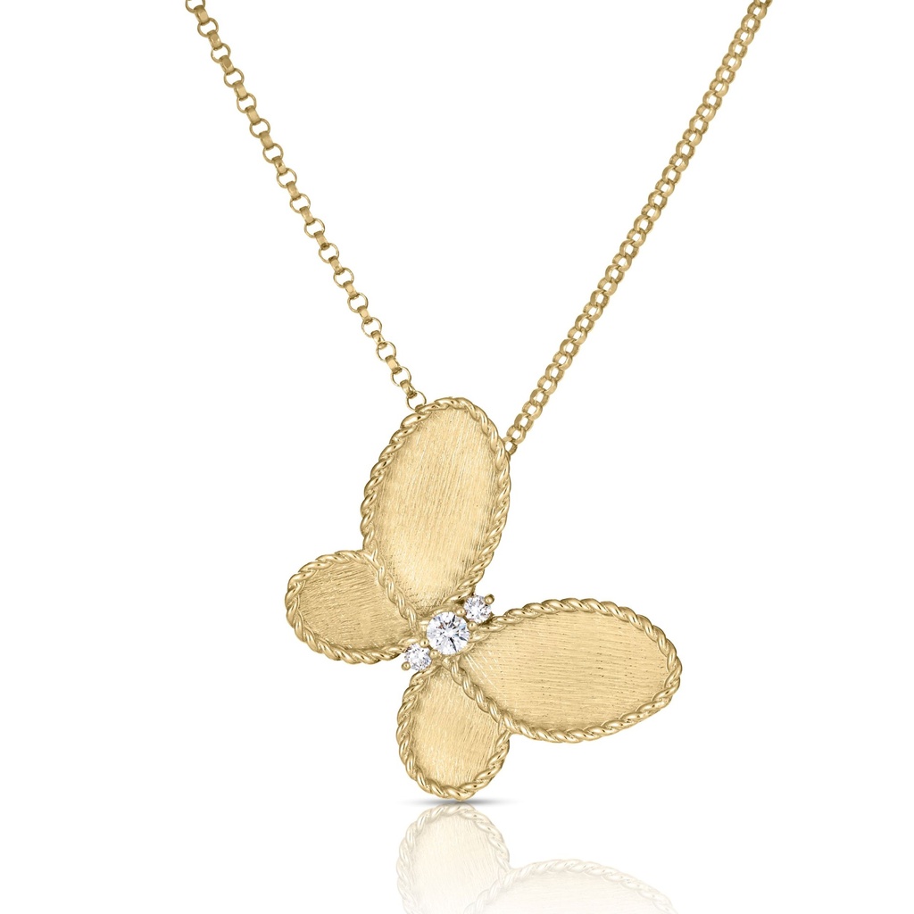 18Kt Yellow Gold Butterfly Necklace With (3) Round Diamonds Weighing 0.06cttw