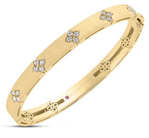 18Kt Yellow Gold Love In Verona Satin Bangle With (20) Round Diamonds Weighing 0.45cttw