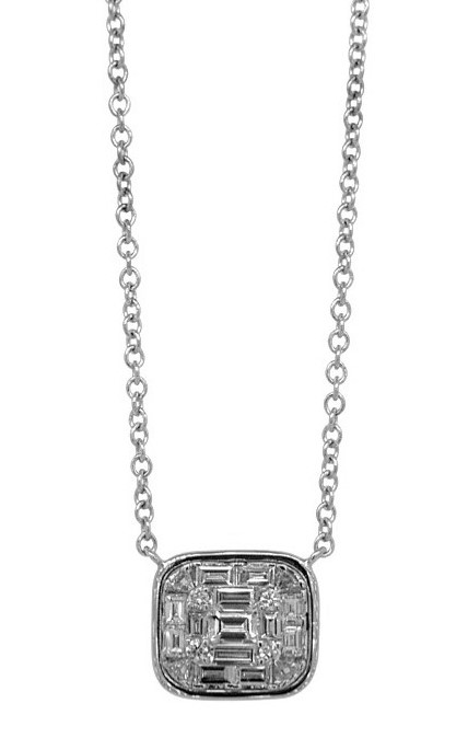 18Kt White Gold Necklace With Round, Baguette, And Trillion Cut Diamonds Weighing 0.74cttw
