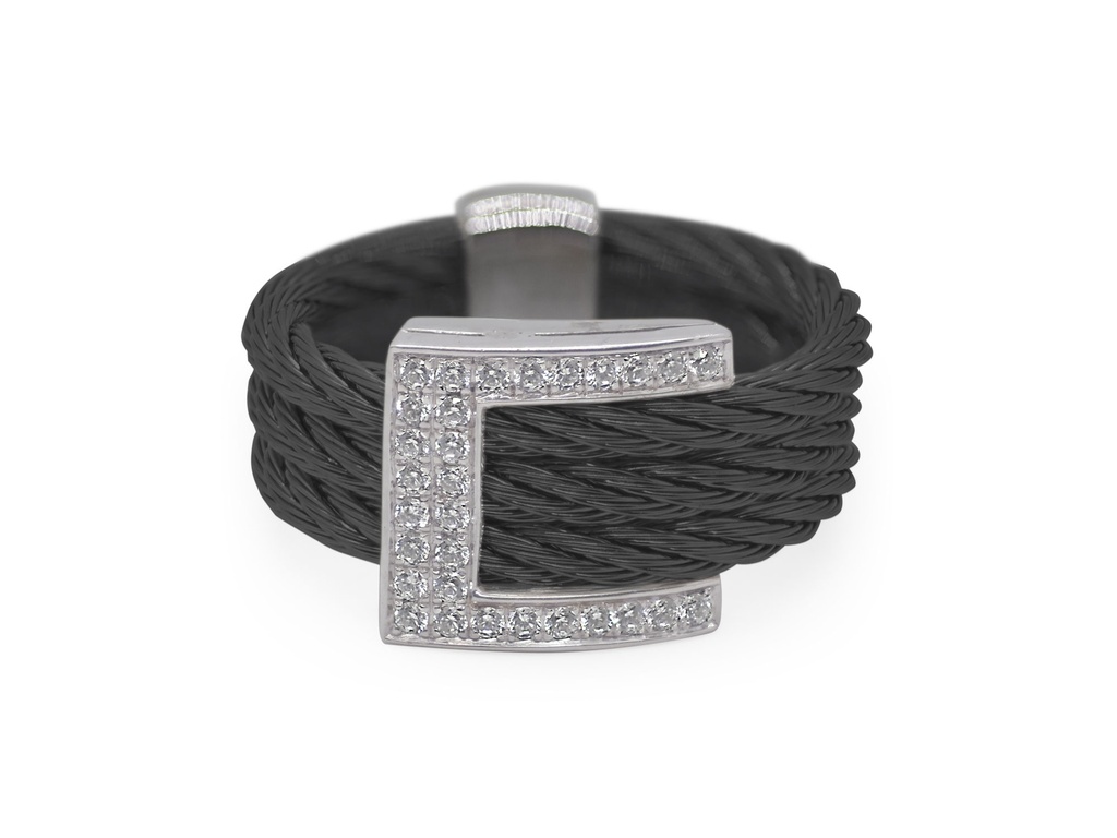 18Kt White Gold Black Nautical Cable Buckle Ring With (30) Round Diamonds Weighing 0.14cttw