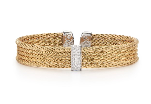 18Kt White Gold Yellow Nautical Cable Five Row Cuff Bracelet With (23) Round Diamonds Weighing 0.19cttw