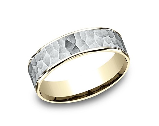 14Kt Two Toned 6.5mm Comfort Fit Hammer Finish Band Sz10