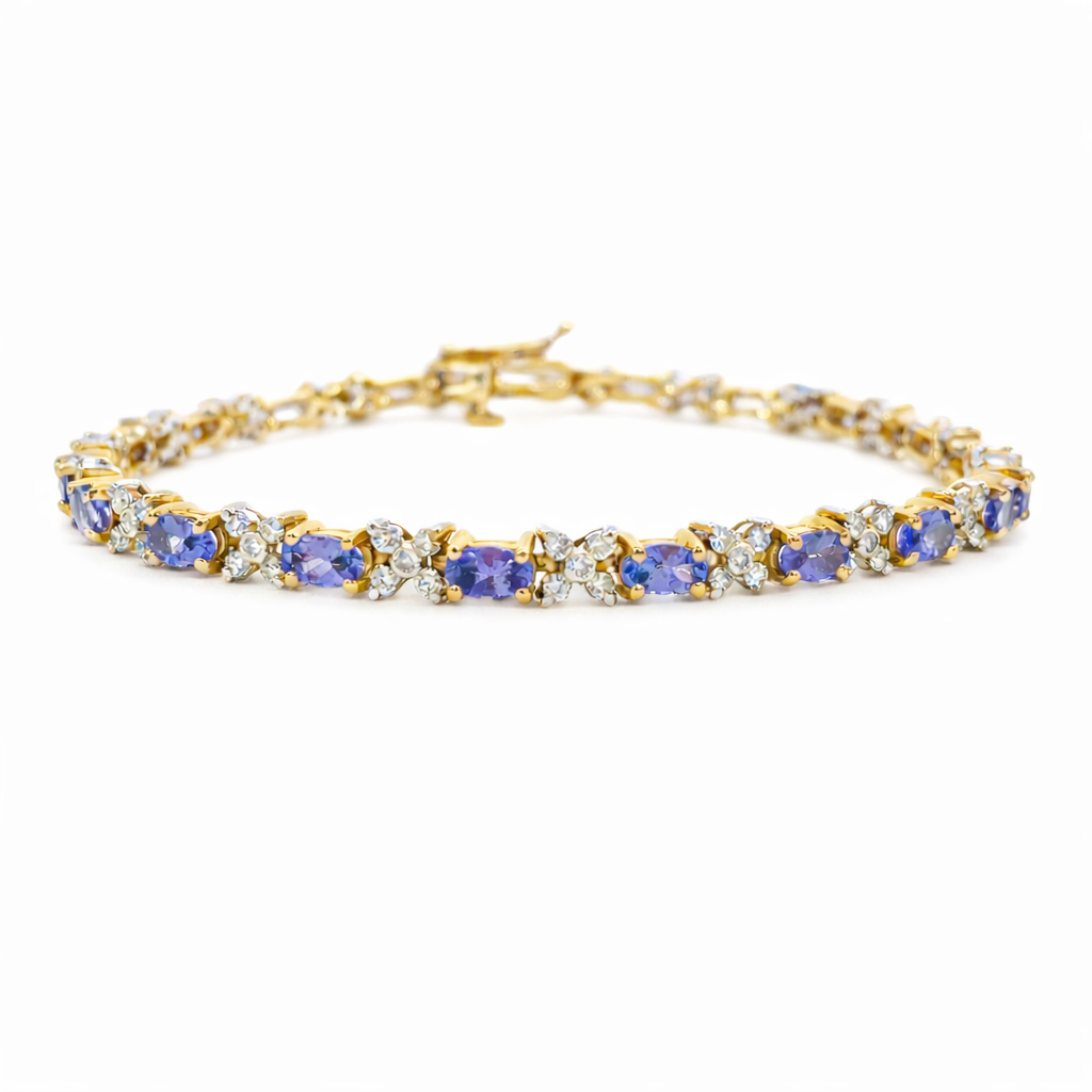 [M8431] 14Kt Two Toned Tennis Bracelet With 19 Oval Tanzanites Weighing 4.65ct And 95 Round Diamonds Weighing 1.85ct
