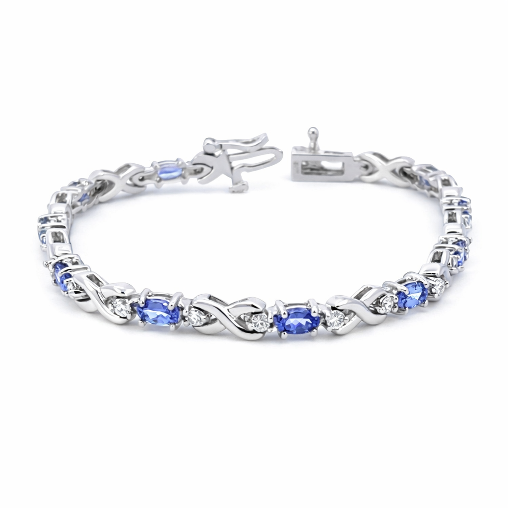 [M1988] 14Kt White Gold Tennis Bracelet With Oval Tanzanites Weighing 3.00ct And Round Diamonds Weighing 0.85ct