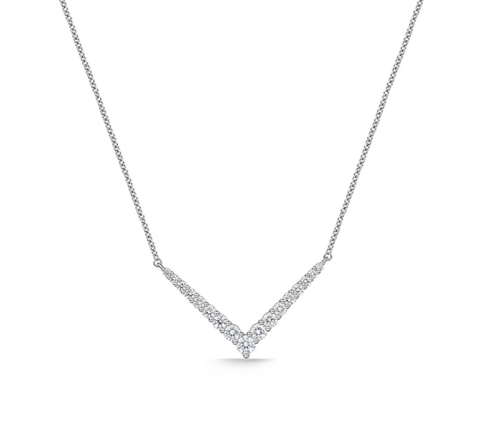 18Kt White Gold Identity Small V Necklace With (17) Round Diamonds Weighing 0.94cttw