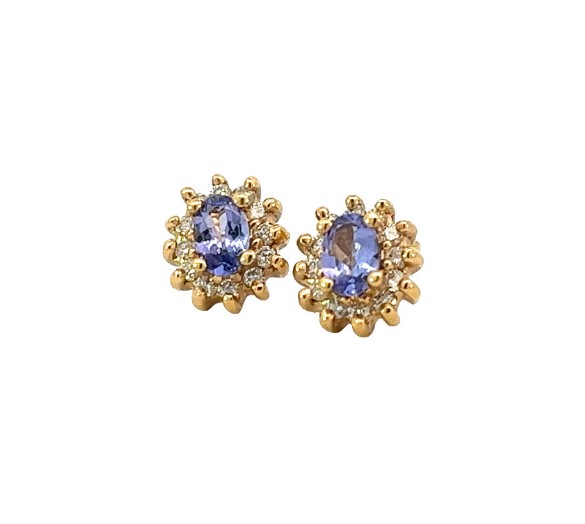 14Kt Yellow Gold Cluster Stud Earrings With Oval Tanzanites Weighing 0.76ct And Round Diamonds Weighing 0.40ct