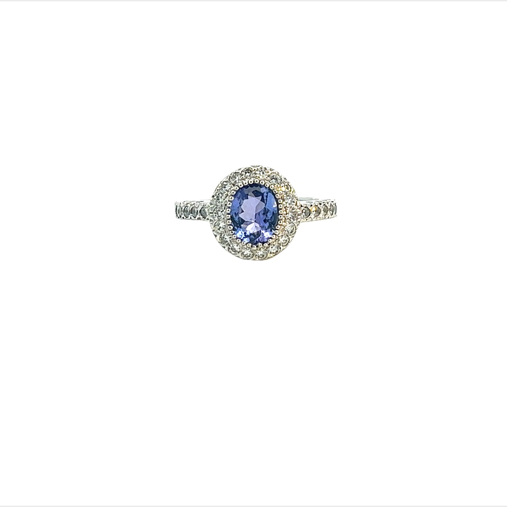 14Kt White Gold Ring With And Oval Tanzanite Weighing 1.00ct And 28 Round Diamonds Weighing 0.50ct