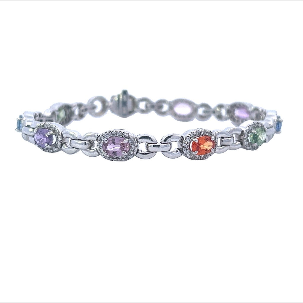 14Kt White Gold Tennis Bracelet With Mixed Color Sapphires Weighing 6.56ct And 135 Round Diamonds Weighing 1.35ct