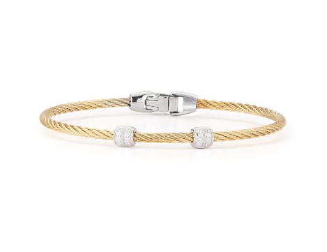 18Kt White Gold Yellow Nautical Cable Double Barrel Station Bracelet With (16) Round Diamonds Weighing 0.13cttw