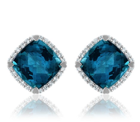 18Kt White Gold Halo Style Earrings With Cushion Cut London Blue Topaz And (48) Round Diamonds Weighing 0.30cttw