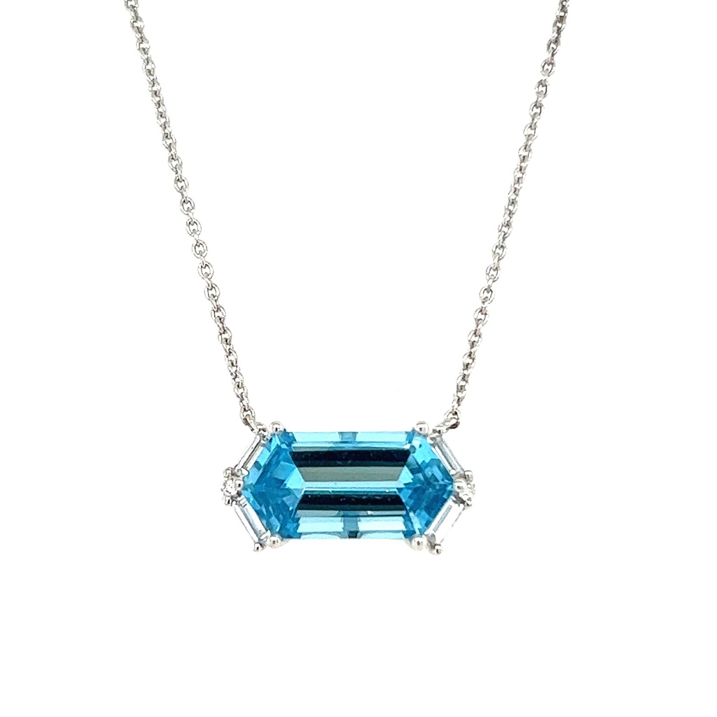 18Kt White Gold Necklace With An Elongated Hexagon Swiss Blue Topaz, (4) Baguette, And (2) Round Diamonds Weighing 0.14cttw