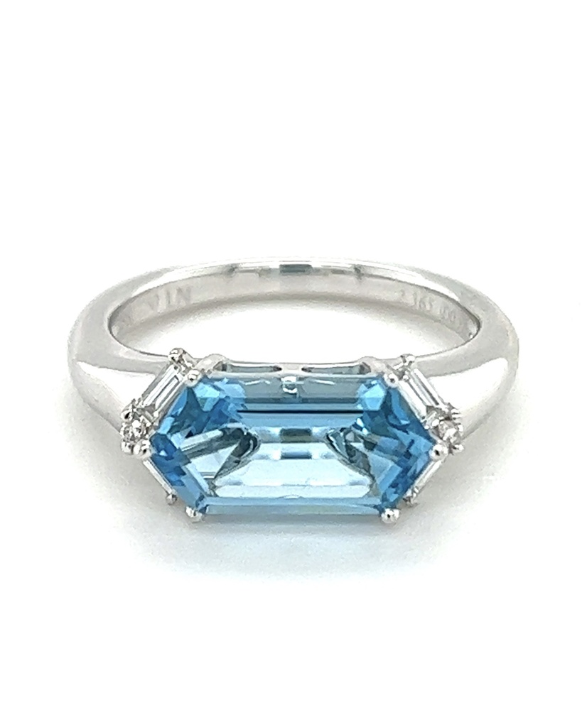 18Kt White Gold Ring With An Elongated Hexagon Swiss Blue Topaz, (4) Baguette, And (2) Round Diamonds Weighing 0.16cttw