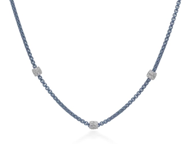 14Kt White Gold Island Blue Chain Three Barrel Station Necklace With (48) Round Diamonds Weighing 0.40cttw