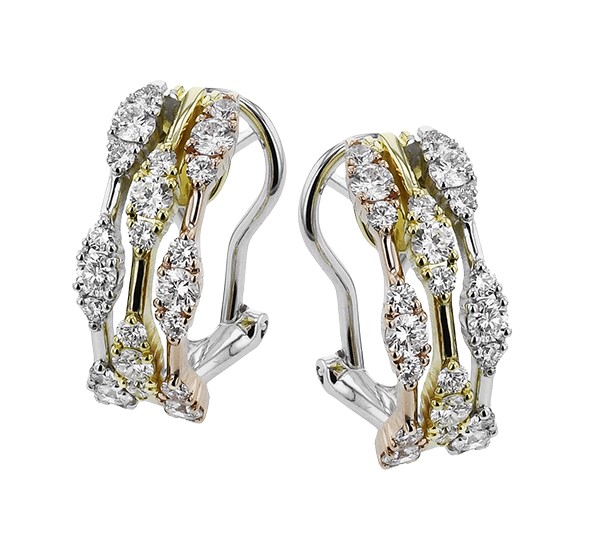 18Kt Tri Tone Three Row Diamond Earrings 1.40cttw