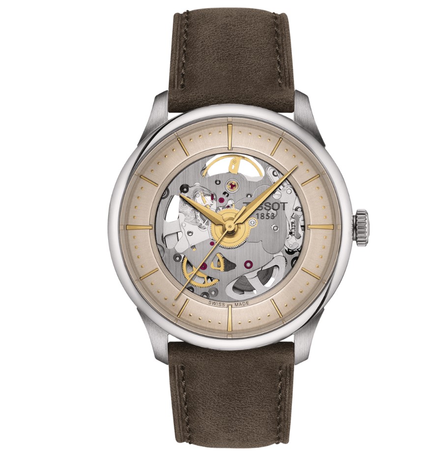 [T139.836.16.261.00] 39mm Chemin De Tourelles Skeleton Quartz Watch With A Green Leather Strap