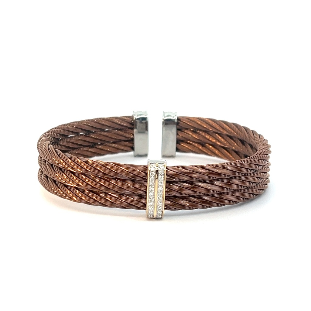 18Kt Yellow Gold Chocolate Nautical Cable Cuff Bracelet With (22) Round Diamonds Weighing 0.18cttw