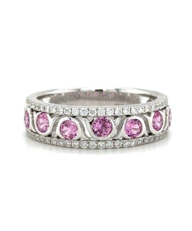 [PSDIABNDWD25] 18Kt White Gold Pink Sapphire And Diamond Band 0.25cttw