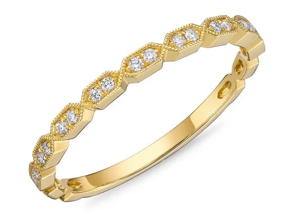 18Kt Yellow Gold Hexagon Stackable Band With (18) Round Diamonds Weighing 0.07cttw