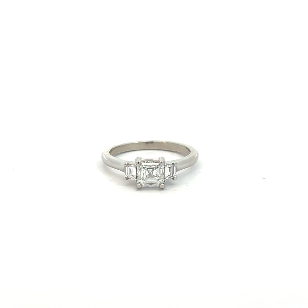 [S01600] Platinum Three Stone Asscher Cut And Trapezoid Diamond Ring 1.11cttw