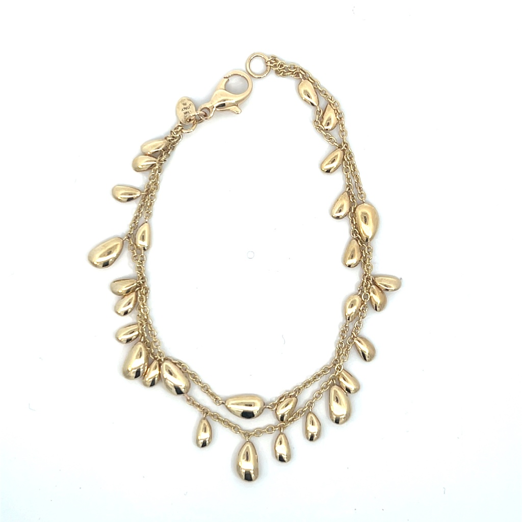 14Kt Yellow Gold Two Strand Dangle Stations Bracelet 7.5"